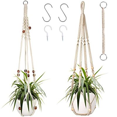 Augshy Colgador de macramé para Plantas, 2 Soportes Colgantes para Plantas con Extensor, para decoración de Interiores y Exteriores, Cesta Colgante de macramé con 4 Ganchos