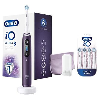 Oral-B iO - 8 - Brosse À Dents Électrique Rechargeable Édition Spéciale, 1 Manche Haut De Gamme Violet Amétrine, Affichage En Couleurs, avec 4 Brossettes Gentle Care, 1 Pochette Magnétique