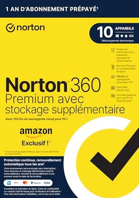 Norton 360 Premium + 75 Go de sauvegarde cloud supplémentaire |10 Appareils | 1 An d'Abonnement en renouvellement automatique | Exclusivité Amazon*