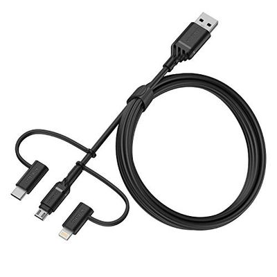 OtterBox Cable Reforzado 3 en 1 con conectores USB-A, USB-C y Lightning, Cable de carga para Smartphones y Tablets, Ultra resistente, Testeado para doblados y torsiones, 1M, Negro