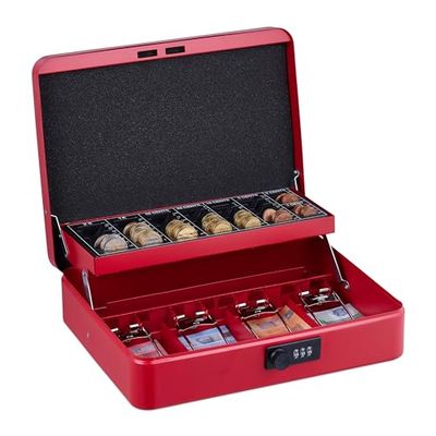 Relaxdays Caja Dinero, Combinación 3 Números, Bandeja para Monedas, Cajita Hierro, 8,5 x 30,5 x 25 cm, Rojo