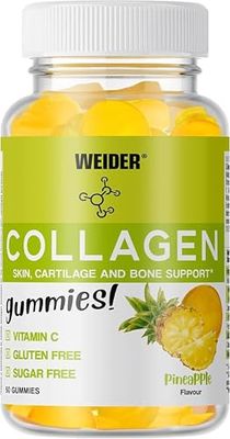 Weider Collagen Gummies (50 Gummies) Pineapple Flavour, with Peptan Hydrolysed Collagen and Vitamin C, for Joints, Bones, Cartilage and Skin, Sugar-Free, Gluten-Free