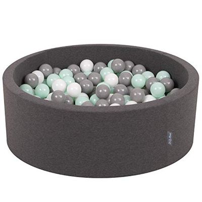 KiddyMoon Suchy Basen 90X30cm/300 Piłek ∅ 7Cm, Okrągły Miękki Basen Dla Dzieci Z Kolorowymi Kulkami, Ciemnoszary: Biały-Szary-Mięta