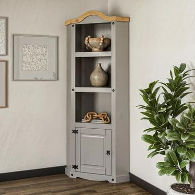 Corona Grey Corner Display Bookcase Unit Mexican Solid Pine