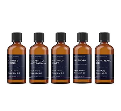 Mystic Moments | Yin Essential Oil Gift Starter Pack 5x100ml | Eucalyptus Australiana, Geranium Egypt, Lavender, Cypress French, Ylang Ylang 3rd | Perfect as a Gift