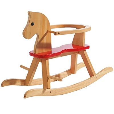 roba Caballito de Madera Natural con Asiento Rojo + Anillo de Protección Extraíble - Ayuda a Dominar el Equilibrio - Soporta 25 kg - A partir de 1 año