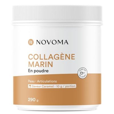 NOVOMA Collagene Marin Poudre Type 1 & 3, Peau & Articulations, 10g par Portion, Cure de 28 jours, Collagène Breveté Naticol Avec Vitamine C, Pot de 290g Saveur Caramel, Made in France