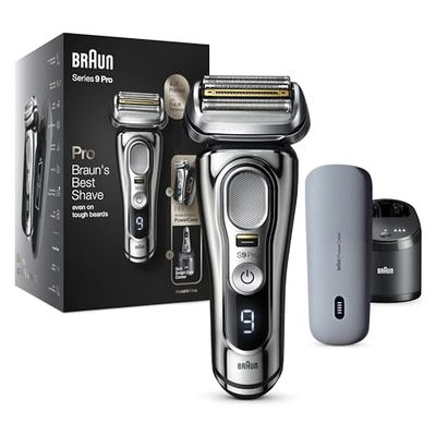 Braun Series 9 Pro Premium scheerapparaat heren met 4+1 scheerkop, elektrisch scheerapparaat & ProLift Trimmer, PowerCase, 5-in-1 reinigingsstation, 60 minuten looptijd, Wet & Dry, 9476cc, chroom