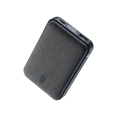 Cellularline GLAM PD 10000 Power Bank 10000mAh con Display LCD, Ricarica Rapida 20W, 3 Porte USB-C I/O 18W, Output 18W, Finiture in Tessuto, per Smartphone, Nero