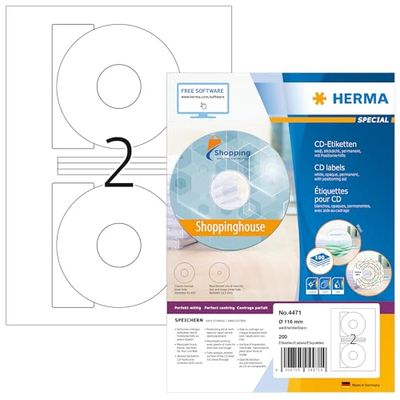 HERMA 4471 CD/DVD etiketten incl. positioneerhulp A4 dekkend, set van 14 (Ø 116 mm, 1.400 vellen, papier, mat) zelfklevend, bedrukbaar, permanente klevende CD stickers, 2.800 etiketten, wit