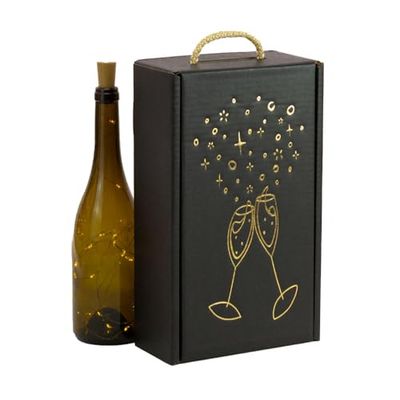 Cajas para 2 Botellas de Vino Cava Regalo cartón - Pack 4 Unidades Elegante Estuche para 2 Botellas con Asa, Cartón Reciclado, Impresión Copas en Color Dorado