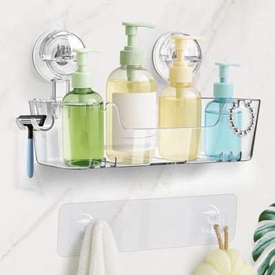 Oamwrae Estantería Baño Ventosas, Estanteria Ducha sin Taladro con Adhesivo, Estante Ducha Removible con Portarrestos y Ganchos, Organizador Baño Ducha para Champú y Gel, 2 Opciones de Instalación