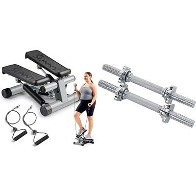 Sunny Health & Fitness Mini Stepper Machine, with Resistance Bands and LCD Monitor + 35.5 cm Threaded Chrome Dumbbell Bar