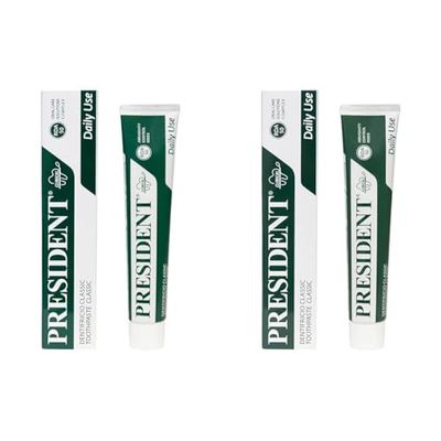President DENTIFRICIO CLASSIC per uso quotidiano. Azione anti placca, anti carie, rifrescante e antialitosi. Con Estratti Vegetali di Melissa, Salvia e Camomilla. RDA 50. 75ml (Confezione da 2)