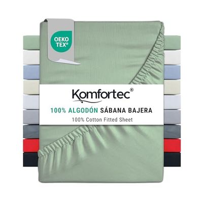 Komfortec Sábana Bajera Ajustable (200 x 200 cm, 100% algodón), Color Verde