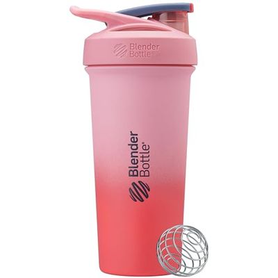 BlenderBottle Strada Sleek Shaker Cup Insulated Stainless Steel Water Bottle with Wire Whisk, 740ml, Flamingo Ombre