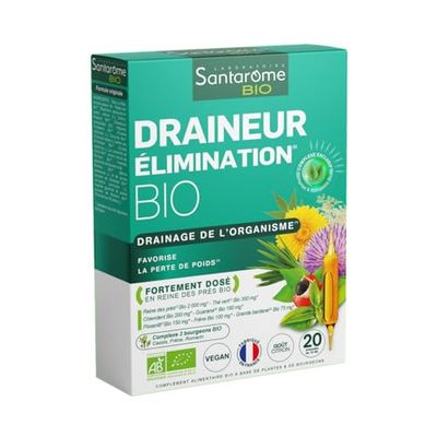 Santarome Bio - Draineur Elimination Complément alimentaire minceur Favorise la perte de poids Reine des près, Thé Vert, Chiendent Trio bourgeons 20 ampoules Végan Made In France, 200.0 millilitre