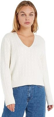Tommy Hilfiger Women's Jumper V-Neck Sweater, White (Ecru), XXS