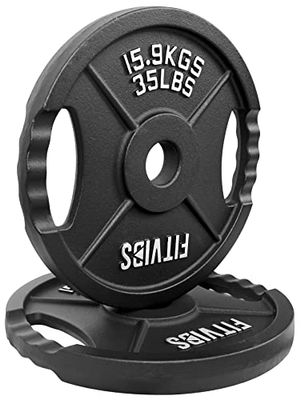 Signature Fitness Olympic - Piastra in ghisa da 5,1 cm, per allenamento di forza e sollevamento pesi, stile a due fori, 15,9 kg, coppia