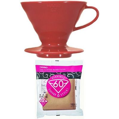 Hario V60 Red Ceramic Coffee Dripper 02 with Misarashi V60 Paper Filters 100 Sheets & Measuring Scoop
