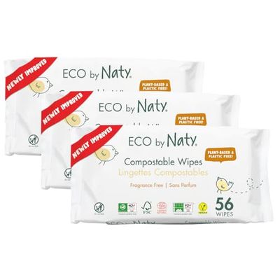 Eco by Naty Toalhetes para bebé sem perfume, 100% húmidos, compostáveis e de origem vegetal, bons para bebés e recém-nascidos de pele sensível (168 unidades - 3 embalagens de 56)