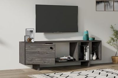 Hanah Home Modern Anthracite TV-unit, 140 cm, 100% melamine gecoat particle board, 18 mm dik, wandmontage, extra opslag en planken, Scandinavisch design