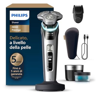 Philips Shaver i9000 Prestige, rasoio elettrico Wet & Dry, tecnologia Skin IQ, triplo sistema di sollevamento e taglio, doppie lame in acciaio di precisione 360°, styler per barba, modello XP9204/33