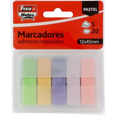 Fixo Notes Transparante plakmarkers, 5 pastelkleuren met dispenser, 12 x 24 mm, blokken met 20 vellen, doorschijnend kunststof, herplaatsbaar, waterdicht, schrijven