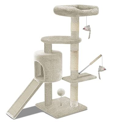 VOUNOT® Tiragraffi per Gatti, Albero Tiragraffi Gatto di Naturali Sisal con Cuccia Graffiatoio, 112cm, Beige