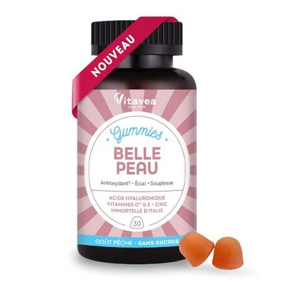 VITAVEA BIEN-ETRE - Gummies Belle Peau - Acide hyaluronique, Vitamine C, Vitamine E, Zinc et Immortelle d'Italie - Triple action : Antioxydant, éclat, souplesse de la peau - 30 Gummies - Goût pêche