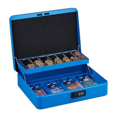 Relaxdays Caja Dinero, Combinación 3 Números, Bandeja para Monedas, Cajita Hierro, 8,5 x 30,5 x 25 cm, Azul