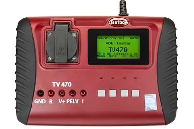 Testboy TV 470 VDE-testare DIN 0701/0702/EN 62353, enhetstestare (bra/dåligt uttalande, hjälpskärm för varje mätning, streckkodsläsare, protokollmjukvara, DAkkS-kalibreringscertifikat), röd/svart