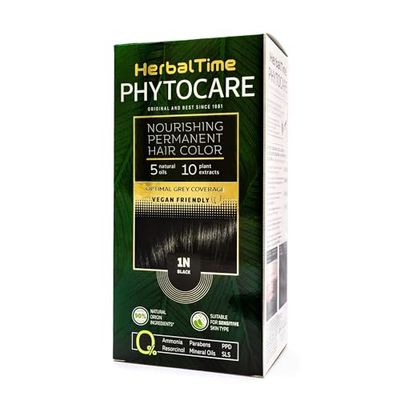 Herbal Time Phytocare Teinture permanente pour cheveux Noir 1N | teinture capillaire naturelle professionnelle | Nourrissez et protégez vos cheveux | Sans ammoniaque, PPD et SLS | 124,5ml