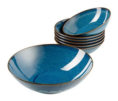 MÄSER 931947 Ossia - Juego de 7 cuencos de cerámica, 1 cuenco grande y 6 cuencos para ensalada, cereales, sopa o pasta, con esmalte vintage en azul, gres, azul real