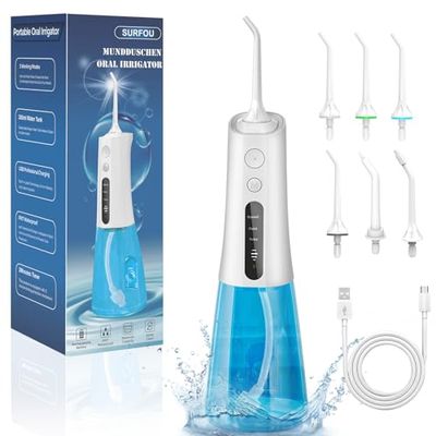 SURFOU Waterflosser en irrigators 3 modi, 4 waterdruk, 6 opzetstukken, kerstcadeaus, IPX7, waterdicht, USB-C oplaadbaar en waterreservoir 300 ml, voor reizen en gebruik thuis