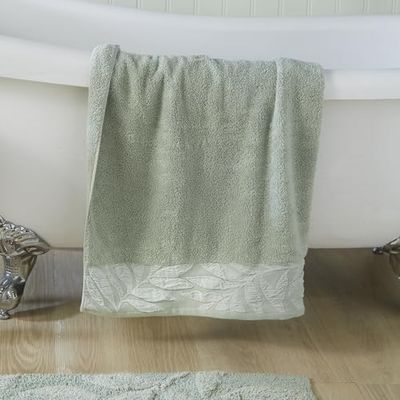 Dreams & Drapes - Serviette de bain feuille verte (90 x 150 cm) - 100% coton - Très doux au toucher - Serviette botanique vintage en vert - Serviette de bain vert - Serviette de bain vert - Accessoire