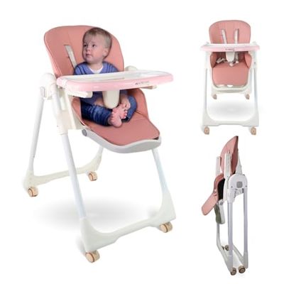 Mobiclinic®, High Chair for Baby, Baby Highchair, Folding, Convertible into High Chair, Simba, 5-Point Harness, Baby and Toddler Chair, Wheels with Brakes, Removable Tray, Washable, Adjustable (Pink)