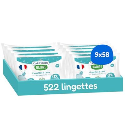 CARRYBOO - Lingettes bébé à l'eau - Sans parfum et allergènes - Lot de 9 - Peaux normales & Fragiles - Nettoient et apaisent - Fibres 100% d'Origine Naturelle - Fabriquées en France - 522 lingettes