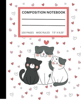 Composition Notebook: Cute Cats and Hearts Design for Kids and Teens: 7.5" x 9.25" 100 Pages Wide Ruled