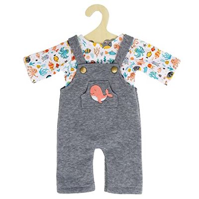 Heless 1215 Doll Clothes in Whale Bobby Design, 2-Piece Set with Grey Dungarees and Colourful Printed T-Shirt for Dolls and Cuddly Toys Size 28 - 35 cm