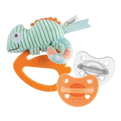 Chicco anneau de dentition et 2 sucettes Luxe 6-16 mois, anneau de dentition pour nouveau-né, anneau caméléon, plastique souple, sucette PhysioForma Luxe, sucettes en silicone douces et délicates
