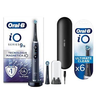 Oral-B Spazzolino Elettrico iO9N Ultimate Clean, 2+6 Testine, 1 Spazzolino, Sensore di Pressione, Display Interattivo, 7 Modalità, Custodia da Viaggio, Nero