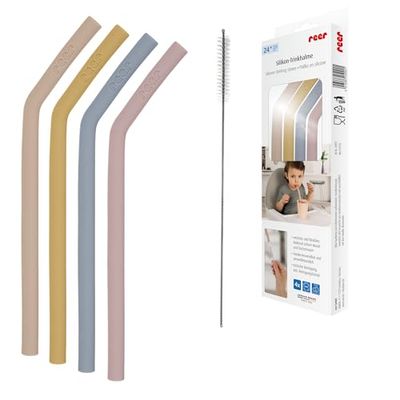 Lot de 4 pailles en silicone pour tout-petits et enfants à partir de 24 mois | Lot de 4 pailles aux couleurs vives | Avec brosse de nettoyage pratique