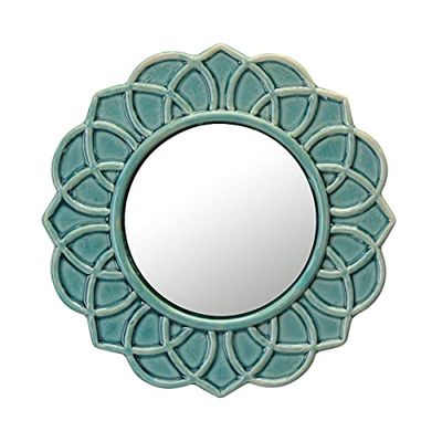 Stonebriar Dekorativ 9 tum turkos rund blommig keramisk accent väggspegel med bifogad hängande ögla, dekorativ dekor för vardagsrummet, sovrummet, badrummet, hallen och entrén