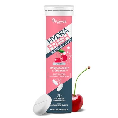 HydraFresh - Pastilles hydratation Effervescentes - Magnésium, Électrolytes, Calcium, Vitamines C et B - Complément alimentaire énergie saveur Cerise - Sans Sucres - Fabriqué en France