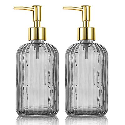 Dispenser versatile di sapone in vetro con pompa, bottiglia antigoccia da 400 ml, ricaricabile, per bagno, piano di lavoro, cucina, lavanderia (colore grigio, confezione da 2)