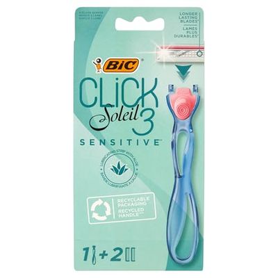 Bic Click 3 Soleil Sensitive - Rasoio ricaricabile da donna, con manico in plastica riciclata al 30% e ricariche a 3 lame, confezione da 1 + 2