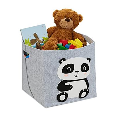 Relaxdays Cesta Almacenaje Infantil, Caja Bebé, Fieltro, Plegable, 33 x 34 x 32 cm, Diseño Oso Panda, Gris