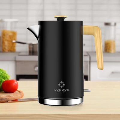 London Boutique Electric Kettle, Stainless Steel kettles Electric, Cordless Fast Boil Electric kettle with Wood Effect, Boil Dry Protection, Anti-Scale Filter, UK Strix Controller,3KW Black