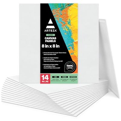 Arteza 20 x 20 cm (8 tum x 8 tum) tomma fyrkantiga dukpanelbrädor, paket med 14, grundad, 100% bomull för akrylmålning, oljefärg och våtkonstmedia, konsttillbehör för konstnär, hobbymålare och